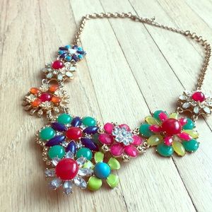 Rainbow flower statement jewel necklace gold tone